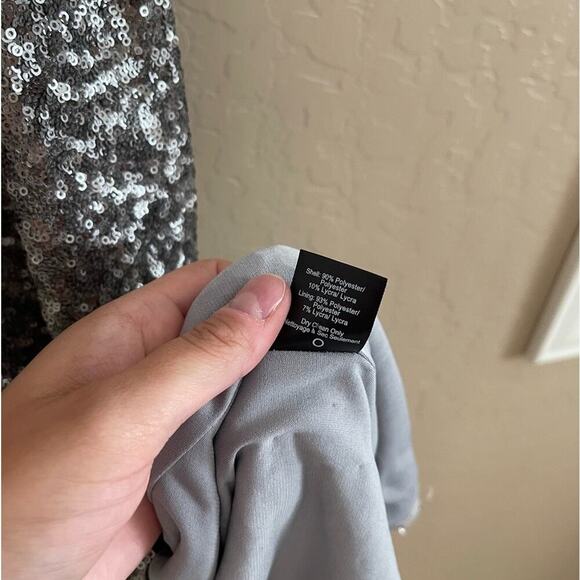New Dress the Population Ryan Sequin Platinum Gunmetal Mesh Insert Midi Dress M - Picture 7 of 11
